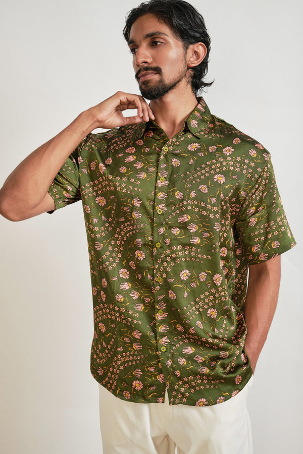 Satin Button Down In Green