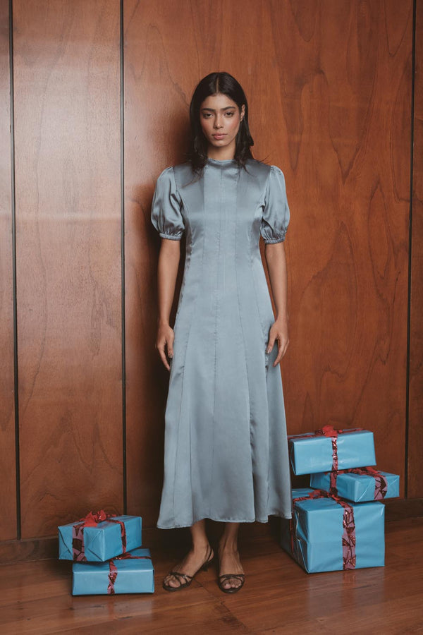 Puff Sleeve Satin Midi