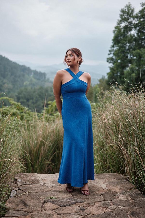 Crossover Halter Maxi In Blue