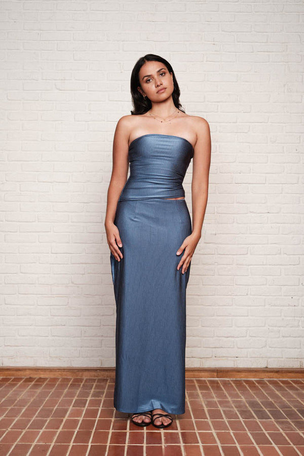 Blue Ribbed Maxi Skirt