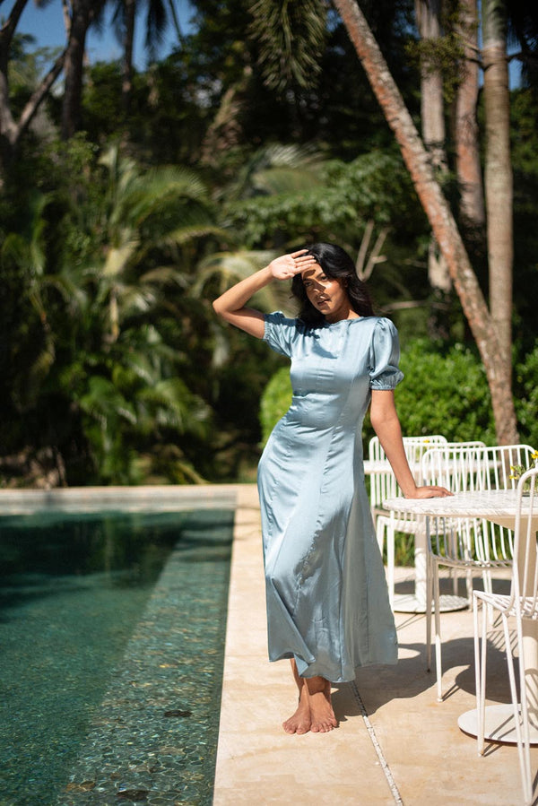 Puff Sleeve Satin Midi